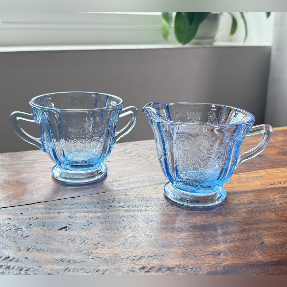 Vintage Federal Madrid blue
Depression Glass Sugar Bowl and Creamer etched.